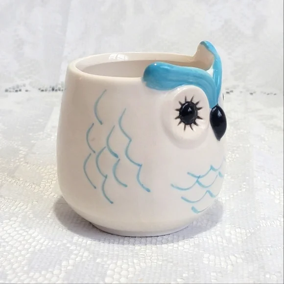 Mini Ceramic Pot Premium Glazed Cute Blue Owl Face Succulent Plant Holder - Picture 7 of 16